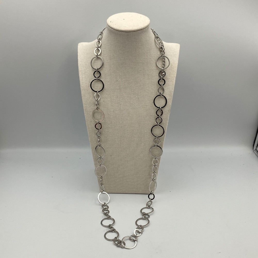 Chicos Silver Tone Long Circle Station Necklace Double Layer Statement Jewelry